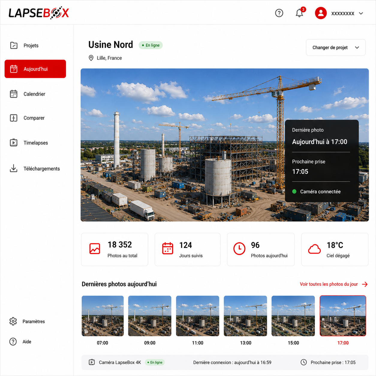Interface client Lapsebox temps réel avec suivi photo, calendrier, comparaison et timelapse