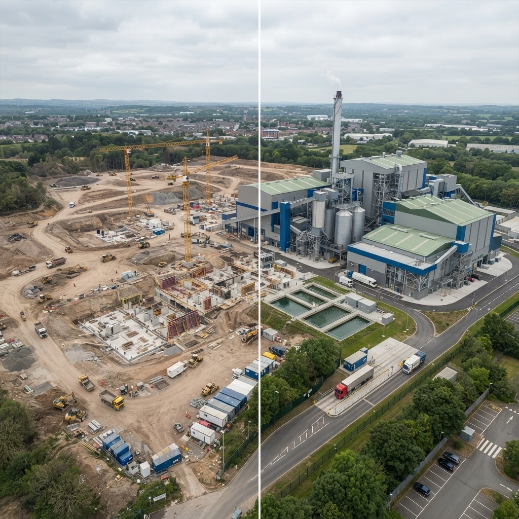 Montage avant après du chantier de l'usine de revalorisation des déchets SYPROVAL à Malataverne : terrain avec grues puis usine terminée vue par drone