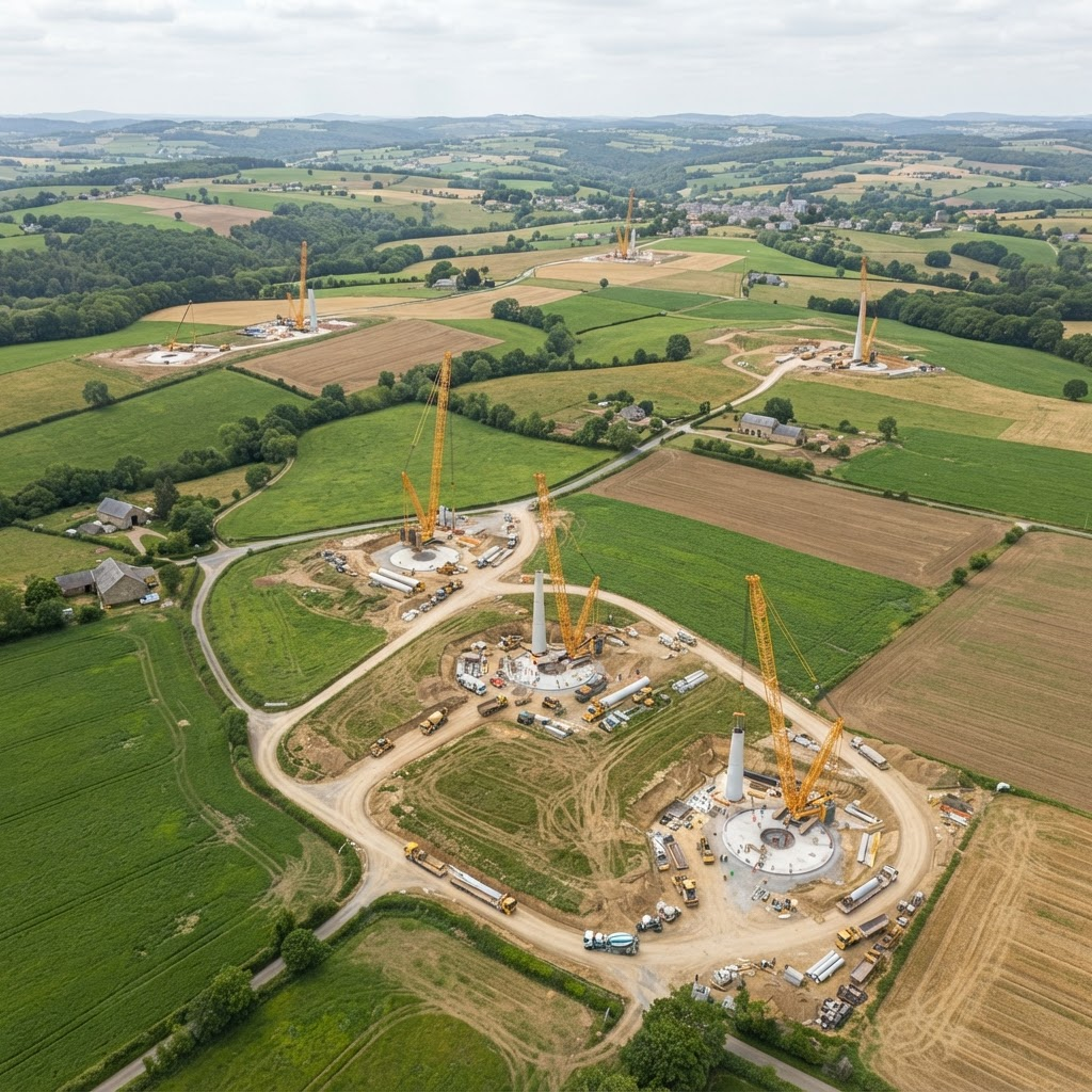 Vue drone des plateformes et fondations du parc éolien de Brion