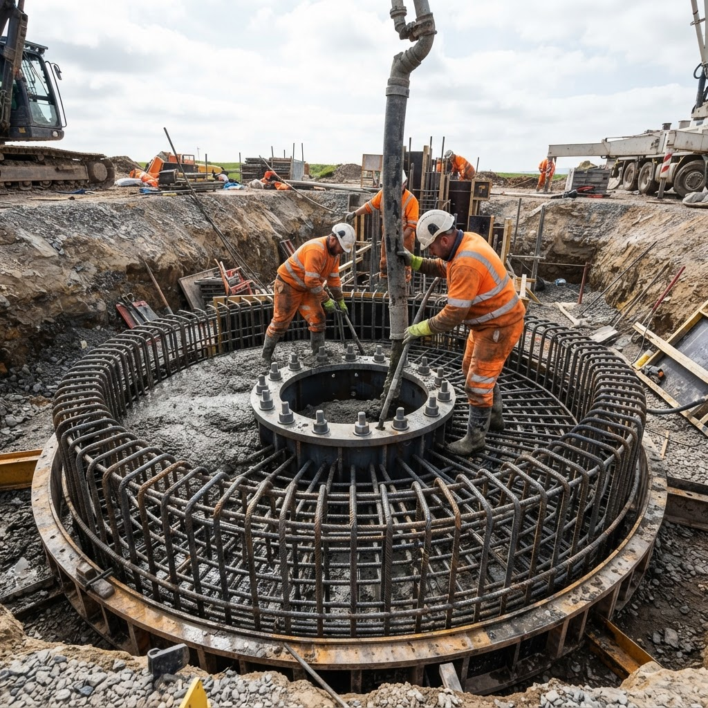 Ferraillage et coulage d'une fondation d'éolienne sur le chantier de Brion