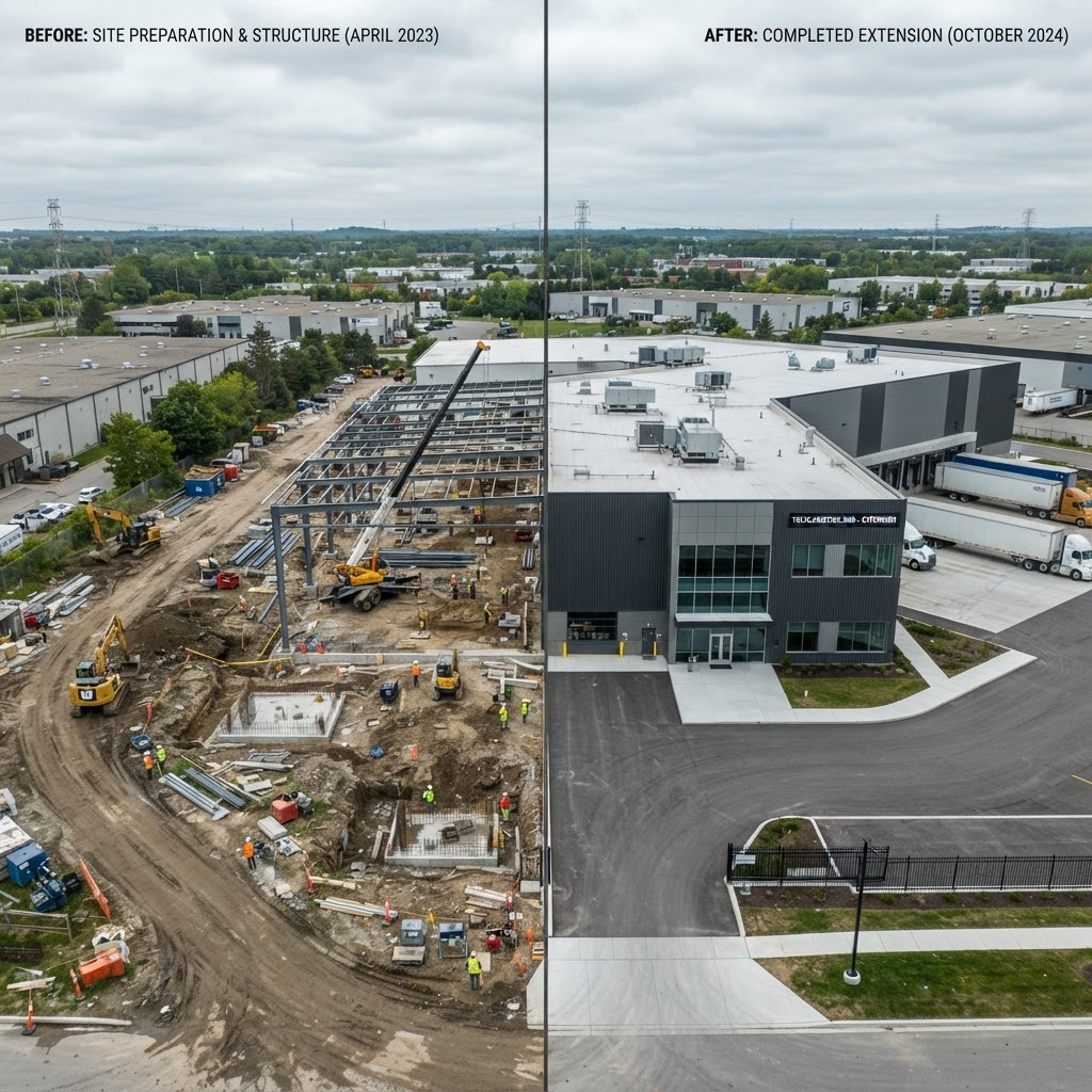 Montage avant après du chantier d'extension de bâtiment SOITEC à Bernin réalisé en timelapse par Lapsebox